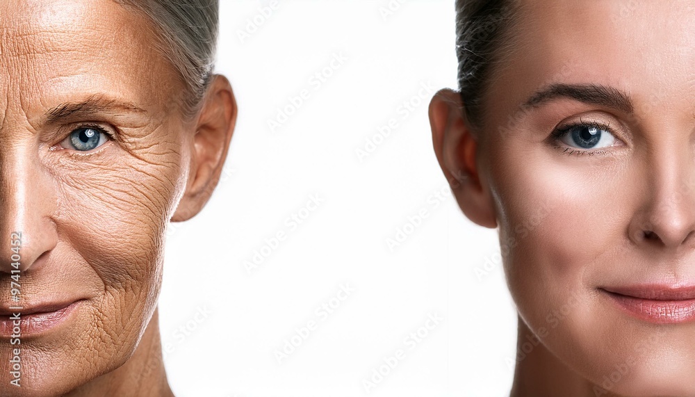 The photo on the left depicts young woman face extreme wrinkles while the photo on the right reveals a significant glowing skin. The photo on the left depicts young woman face extreme wrinkles while the photo on the right reveals a significant glowing skin.