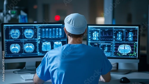 doctor in blue scrubs is seen from behind, working on multiple computer screens displaying medical images