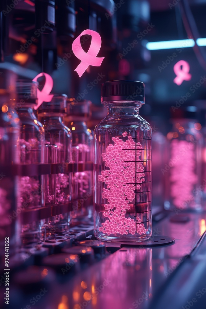 Pink breast cancer awareness ribbons adorn lab with medical research equipment Pink breast cancer awareness ribbons adorn lab with medical research equipment