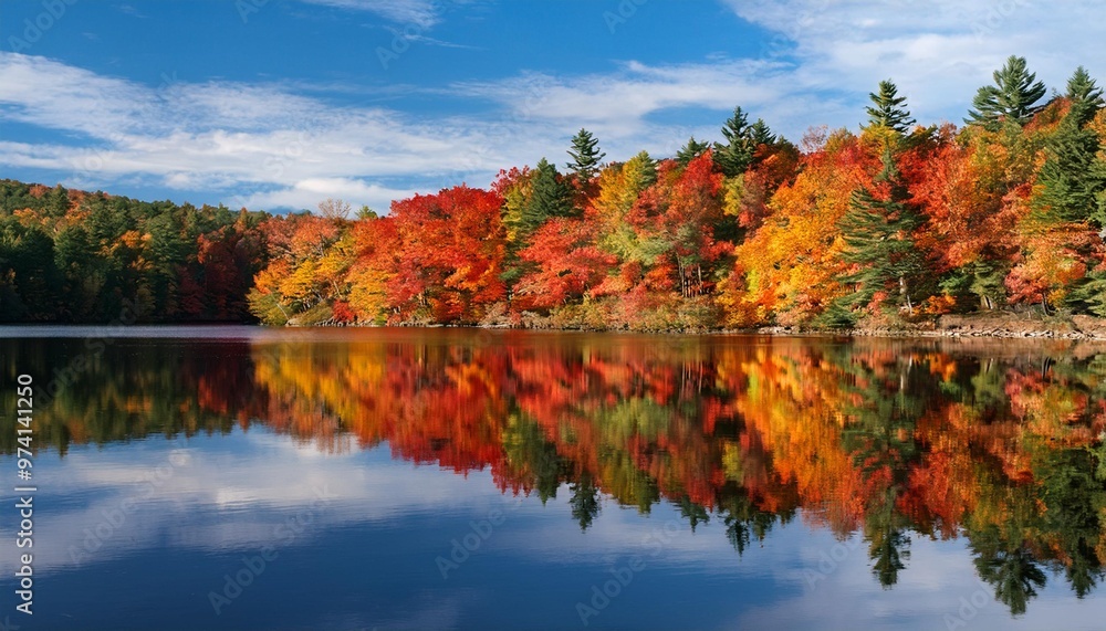 Colorful Autumn Foliage Reflecting in Still Lake, Creating a Picture-Perfect Scene Colorful Autumn Foliage Reflecting in Still Lake, Creating a Picture-Perfect Scene
