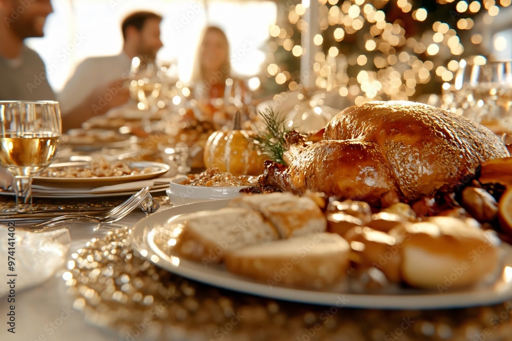 A festive holiday gathering with a beautifully arranged table featuring turkey, bread, and drinks, set in a warm, celebratory atmosphere. A festive holiday gathering with a beautifully arranged table featuring turkey, bread, and drinks, set in a warm, celebratory atmosphere.