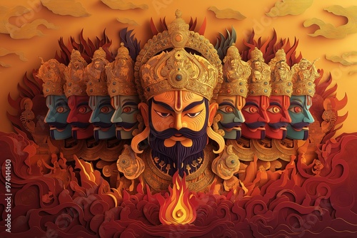 Paper Cutting Artwork of Ravana Effigy with Ten Heads Ablaze During Dussehra Festival Celebration