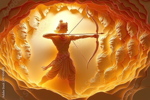 Lord Ram Aiming His Arrow at Rakshasas, Paper Cut Style Depicting a Mythological Battle photo