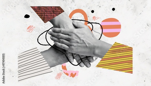 Collaborative hands in a vibrant abstract art collage