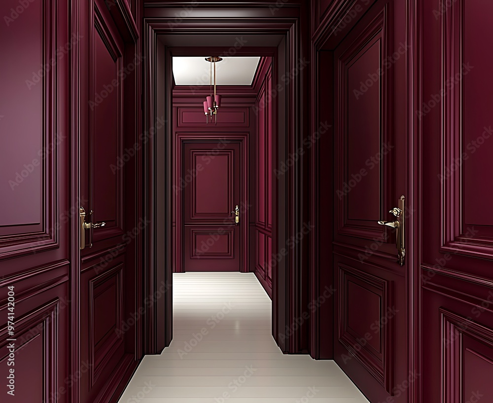 Richly Detailed Burgundy Hallway with Paneled Doors, Sequential Door Perspective. Richly Detailed Burgundy Hallway with Paneled Doors, Sequential Door Perspective.