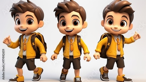Cheerful 3d cartoon school children celebrating success together on a white background