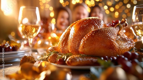 A beautifully roasted turkey centerpiece on a festive table, with glasses of wine and a warm, inviting atmosphere for celebration. photo