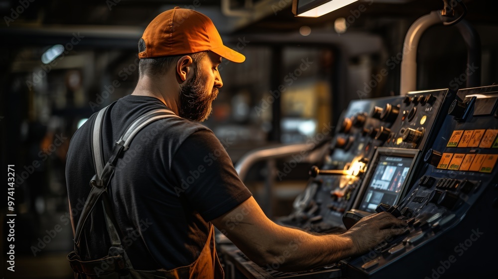 Engineer in hard hat operates complex industrial control panel with multiple screens and dials