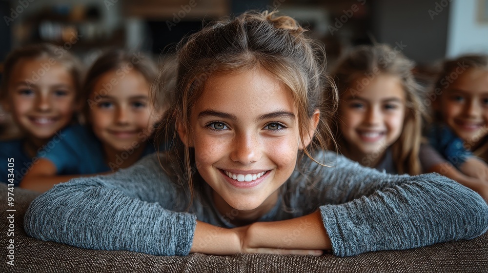 Fototapeta premium Happy group of girls posing together at home during the day, smiling and enjoying their time together