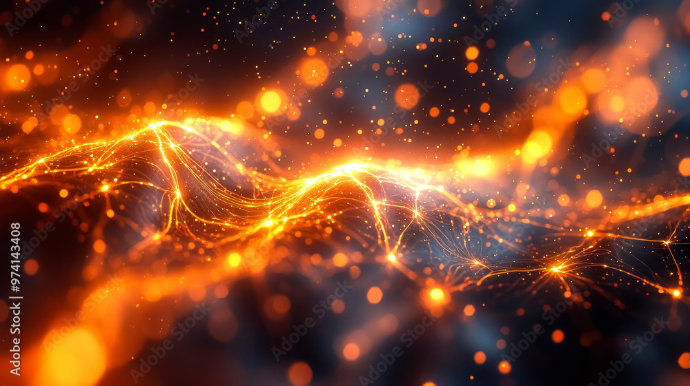 Fototapeta premium A mesmerizing visualization of electric current, featuring glowing orange sparks and intricate blue lines against a dark background, illustrating energy in motion.