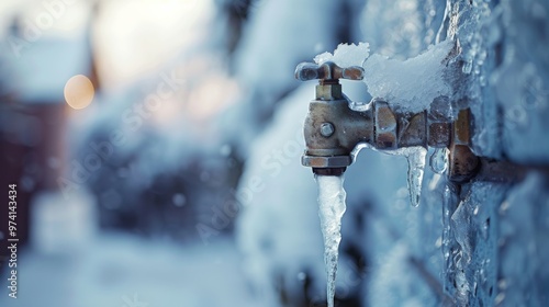 close up photo of a frozen hose spigot on the side of the house, in the winter, bokeh 