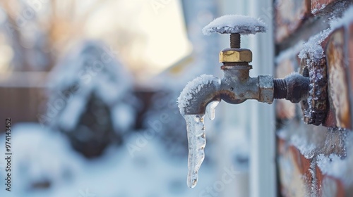 A frozen outdoor faucet covered in ice and snow during a chilly winter day in a residential neighborhood
