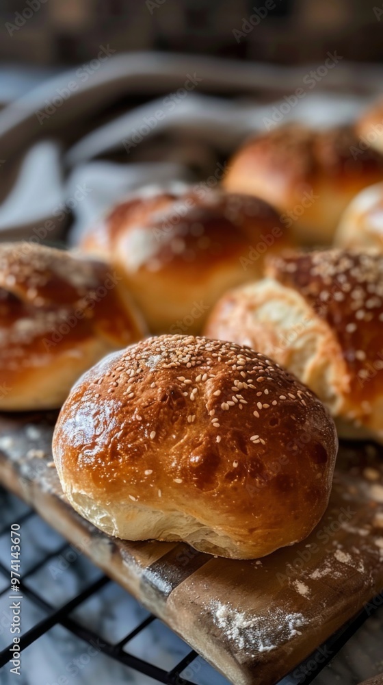 Freshly baked rolls cooling on a wooden rack in a cozy kitchen with warm lighting during early evening hours Freshly baked rolls cooling on a wooden rack in a cozy kitchen with warm lighting during early evening hours