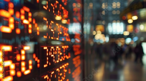 Stock market display showing fluctuating numbers and trends in a busy financial district during a trading session