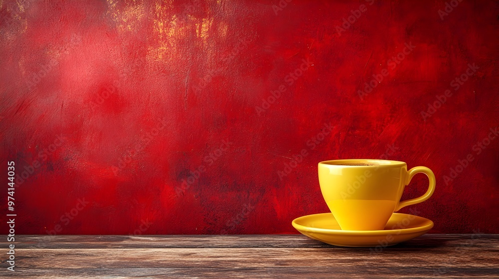 Cozy Yellow Coffee Cup on Wooden Table over Grunge Red Background Cozy Yellow Coffee Cup on Wooden Table over Grunge Red Background