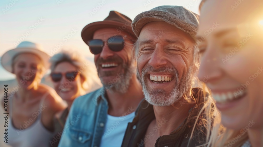 Group of friends enjoying a sunset on the beach, capturing joyful moments together in a vibrant atmosphere Group of friends enjoying a sunset on the beach, capturing joyful moments together in a vibrant atmosphere
