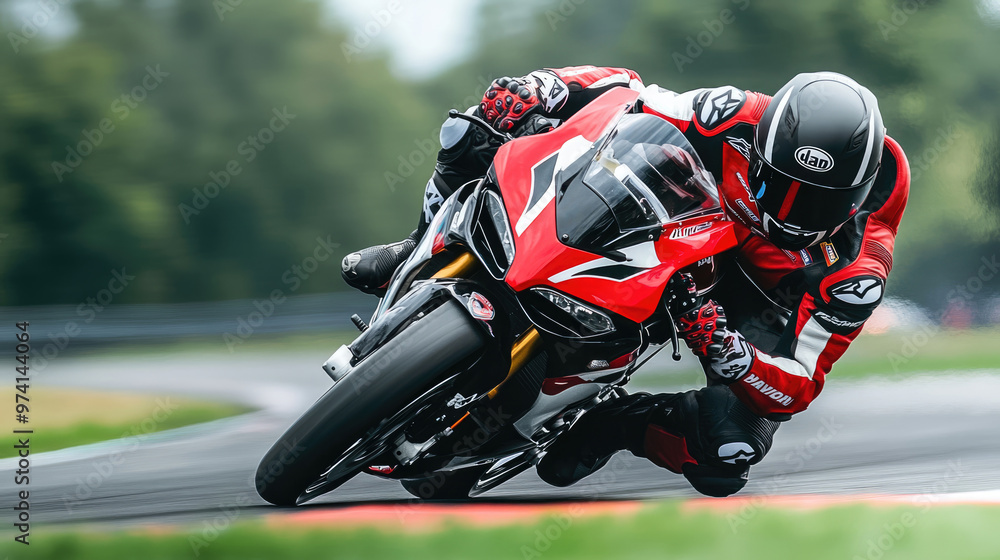 A man is riding a motorcycle on a wet track. The man is wearing a helmet and black gloves A man is riding a motorcycle on a wet track. The man is wearing a helmet and black gloves