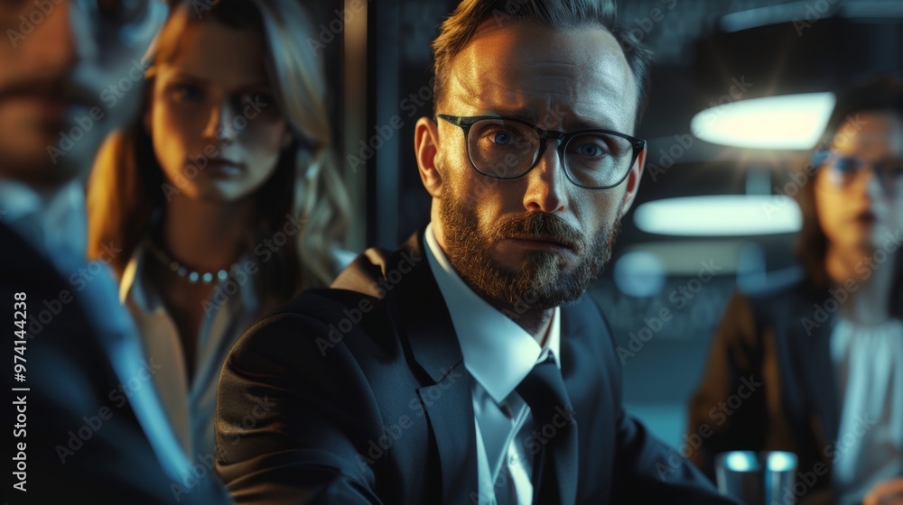 A confident group of professionals in business attire standing together in a well-lit office during an important meeting A confident group of professionals in business attire standing together in a well-lit office during an important meeting