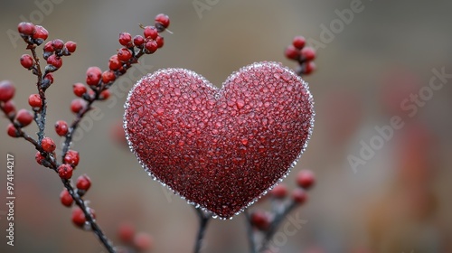 A heart-shaped decoration covered in dew hangs delicately from a branch among bright red berries during a chilly autumn morning
