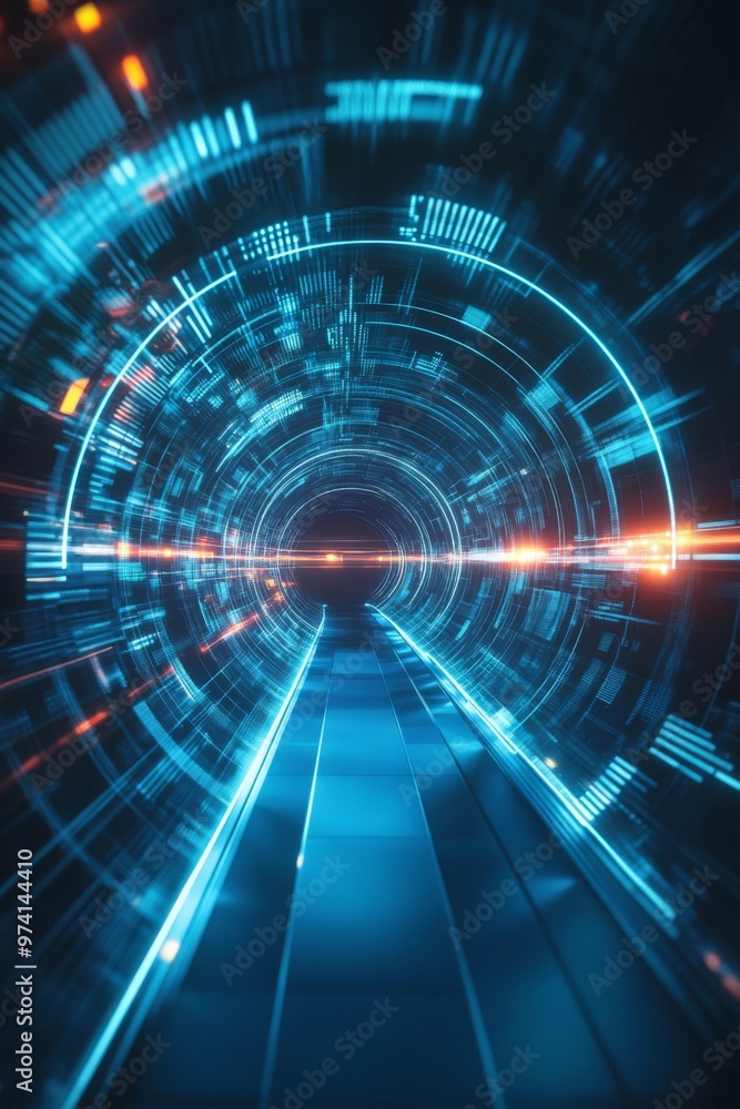 Futuristic tunnel with glowing lines and patterns, showcasing a vibrant digital landscape in motion Futuristic tunnel with glowing lines and patterns, showcasing a vibrant digital landscape in motion