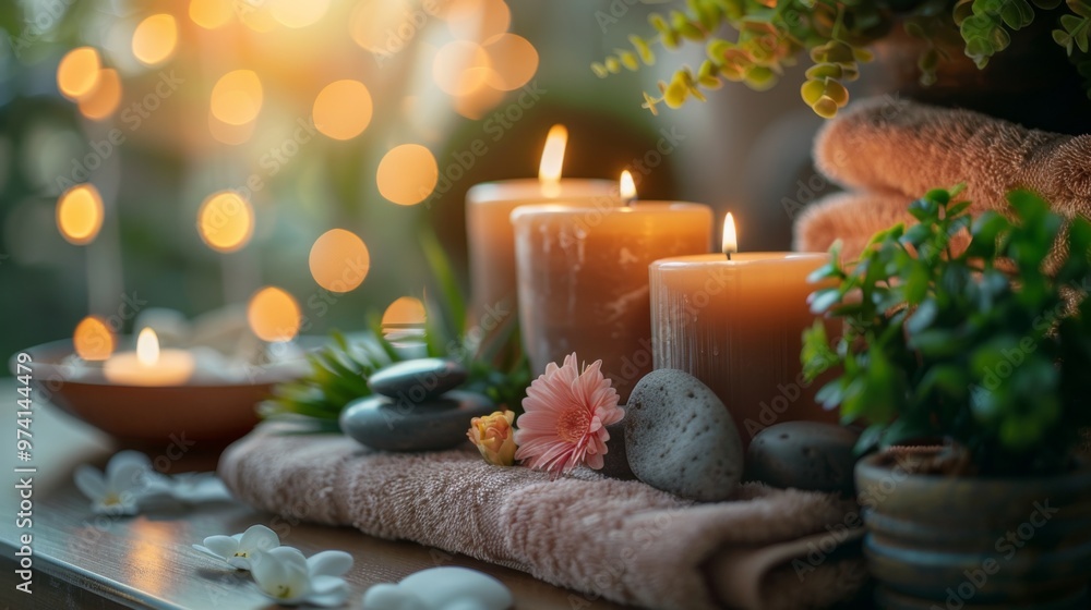 Candles and various spa products taken close-up, Flower pots and spa stones, cozy and emotional atmosphere Candles and various spa products taken close-up, Flower pots and spa stones, cozy and emotional atmosphere