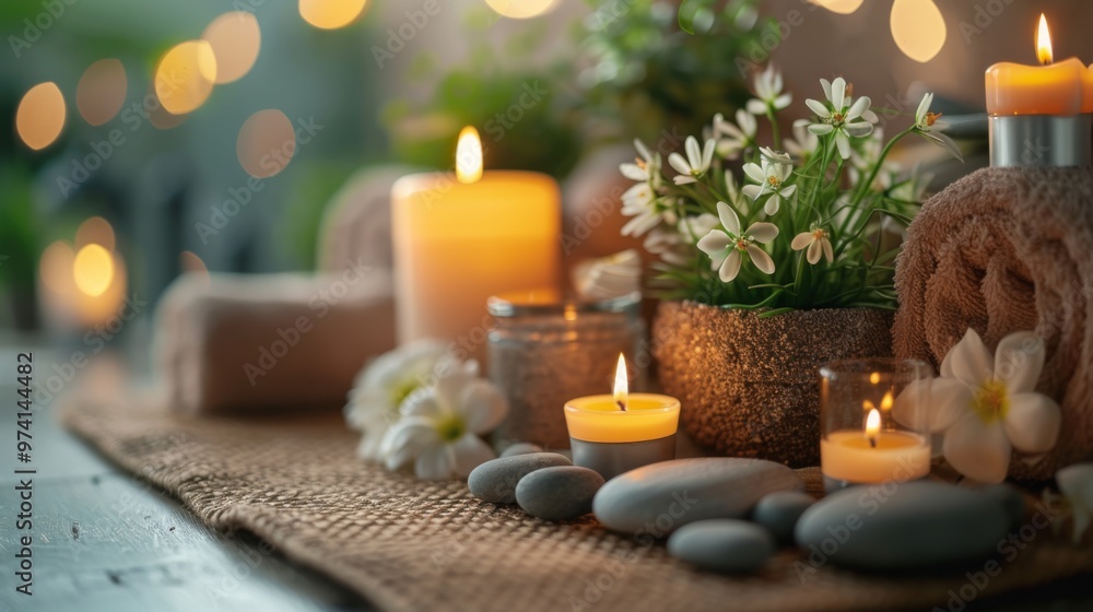 Candles and various spa products taken close-up, Flower pots and spa stones, cozy and emotional atmosphere Candles and various spa products taken close-up, Flower pots and spa stones, cozy and emotional atmosphere