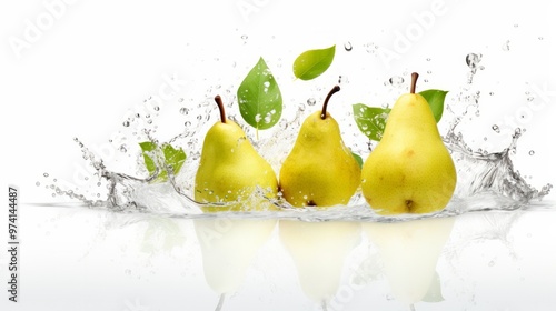 Splash of water and few green pears on white background. Neural network ai generated art