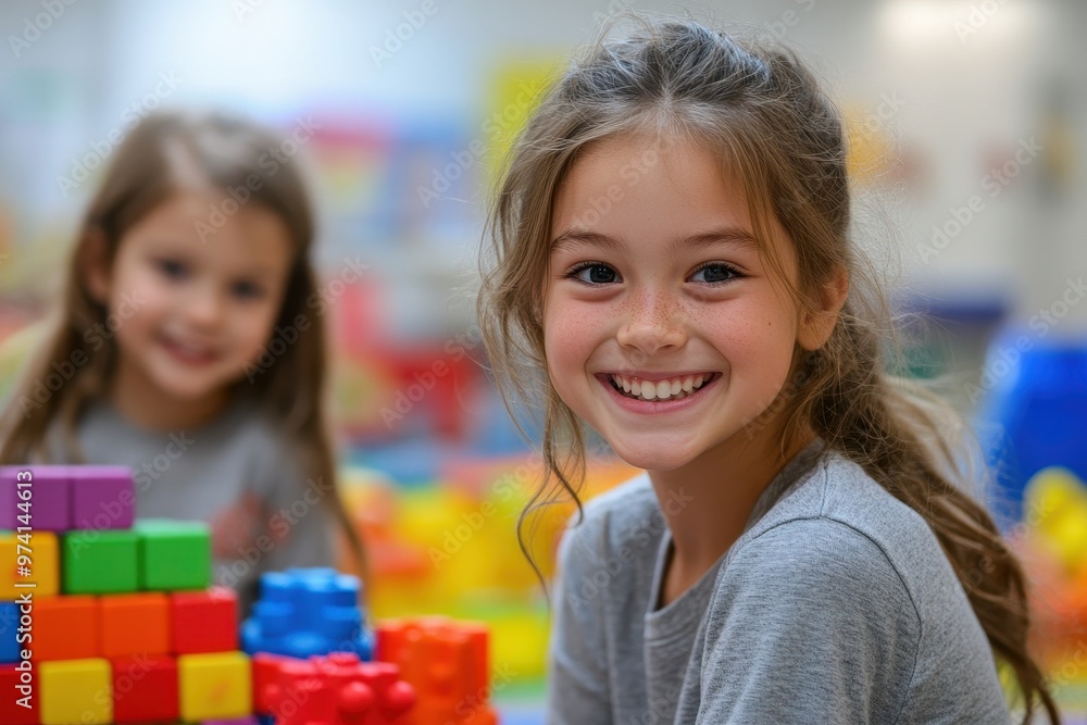 A cheerful girl smiles while playing with colorful building blocks in a playful environment. A cheerful girl smiles while playing with colorful building blocks in a playful environment.