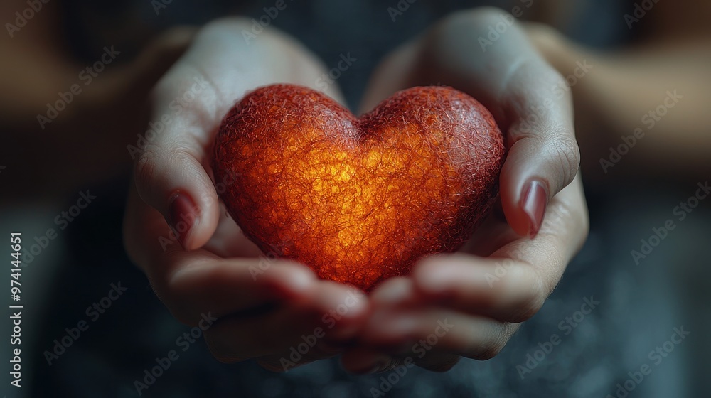 A person holding a glowing, textured heart-shaped object in their hands, symbolizing love and warmth during a serene moment A person holding a glowing, textured heart-shaped object in their hands, symbolizing love and warmth during a serene moment