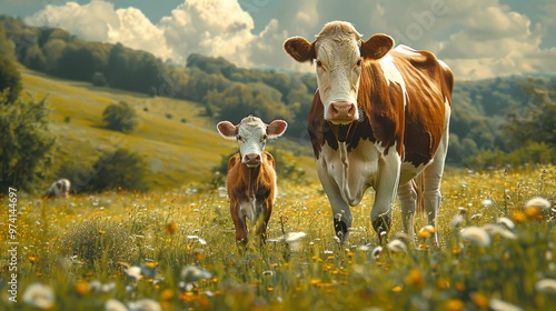  a cow with her calf suckling stands on a very green meadow photo