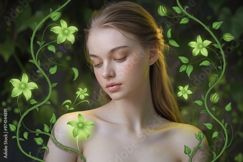 Enchanting Portrait of Woman with Glowing Green Flowers photo