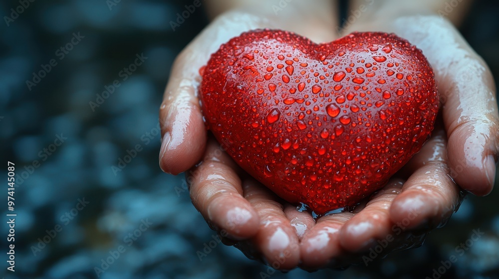 A pair of hands gently holding a shiny red heart covered in water droplets in a serene outdoor setting during the day A pair of hands gently holding a shiny red heart covered in water droplets in a serene outdoor setting during the day