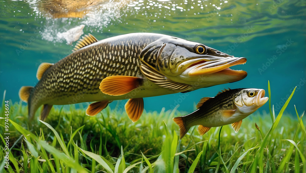 Northern pike freshwater fish swimming in the lake, water animals and wildlife, nature background, fishing, catch and release