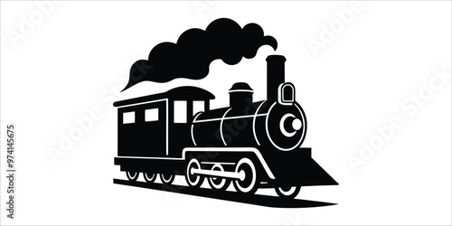 A black and white image of a train with smoke coming out of its chimney.