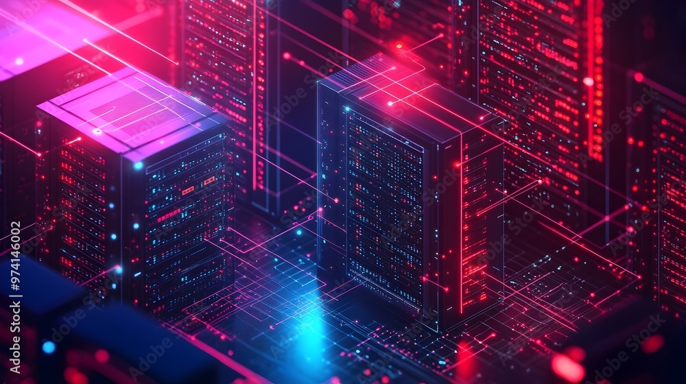 Futuristic Isometric Server Room Showcasing Data Processing Technology in Neon Gradient Futuristic Isometric Server Room Showcasing Data Processing Technology in Neon Gradient