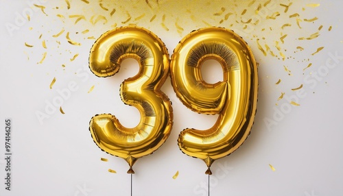 Gold birthday / anniversary balloon, number 39, white background with confetti photo