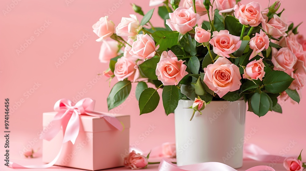 A bouquet of pink roses in a white vase next to a pink gift box with satin bow on pastel pink background table A bouquet of pink roses in a white vase next to a pink gift box with satin bow on pastel pink background table