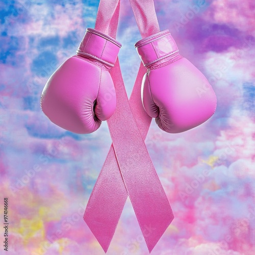 Pink boxing gloves and breast cancer awareness ribbon on colorful background symbol of strength