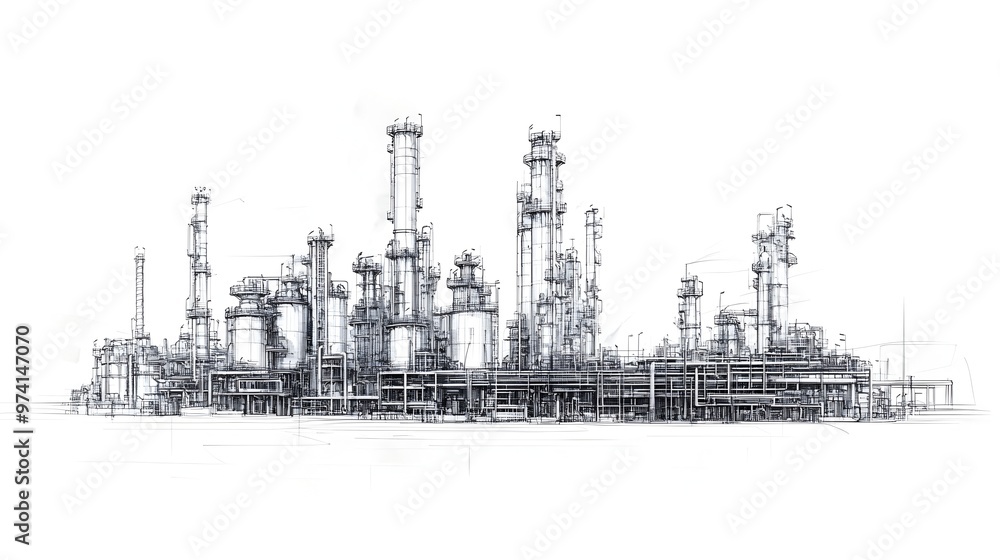 Obraz premium Detailed Line Drawing of an Industrial Refinery Plant Representing the Oil and Energy Industry