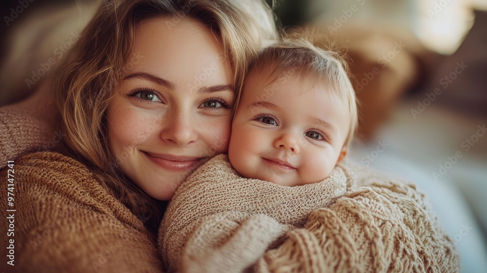 Obraz premium A joyful mother embraces her smiling baby while sitting together in a cozy, warmly lit living room during the afternoon