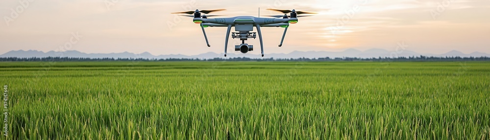 A drone flying over a vast rice field, monitoring crop health with precision agriculture technology rice industry, agricultural innovation A drone flying over a vast rice field, monitoring crop health with precision agriculture technology rice industry, agricultural innovation