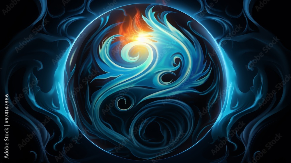 Mystical blue flames surrounding a black eight ball a striking visual on a dark background Mystical blue flames surrounding a black eight ball a striking visual on a dark background
