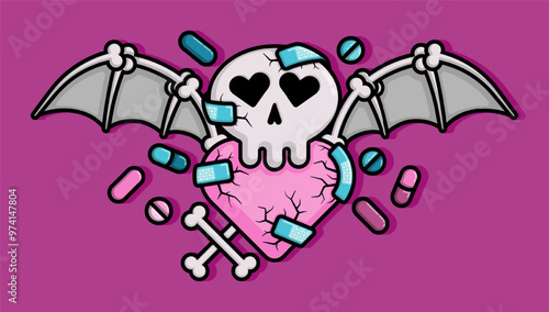cartoon line style illustration of cracked heart patched with bandages and a bat winged skull covered in drugs are symbols of addictive toxic love. Clip art can be used for t shirt, clothing, print