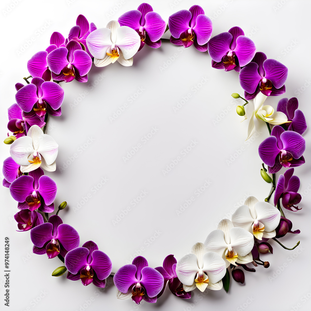 Wreath of purple orchids on white background with copy space Wreath of purple orchids on white background with copy space