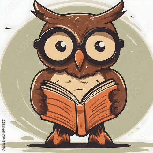 a vector logo of a cartoon owl reading a book wearing glasses, mascot, character, education, learning, wisdom, knowledge, library, study, cute, animal, bird, design, graphic, emblem, symbol, creative photo