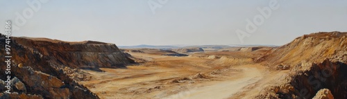 Abandoned gold mine, empty and desolate, once rich, now barren, oil painting style, muted earth tones photo