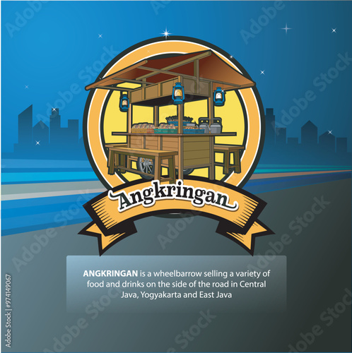Vector illustration, Angkringan place to sell a variety of food, drinks at affordable prices, with a night atmosphere in the corner of the city.