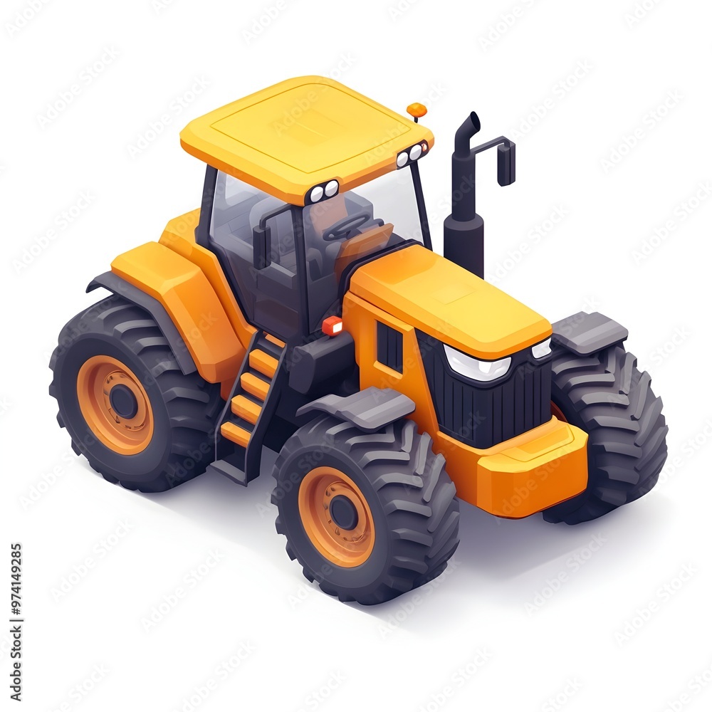 Obraz premium Detailed Yellow Tractor Icon in Isometric Perspective on White Background