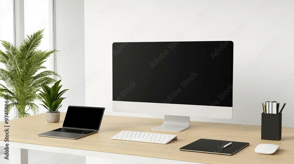 Collaborative desk setup in a modern open-plan office Collaborative desk setup in a modern open-plan office