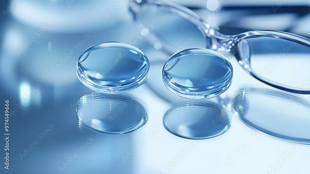 A pair of contact lenses rest on a mirror's surface, accompanied by a pair of eyeglasses. The overall image is bathed in a cool, blue hue. A pair of contact lenses rest on a mirror's surface, accompanied by a pair of eyeglasses. The overall image is bathed in a cool, blue hue.